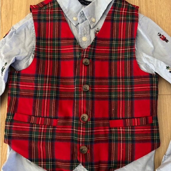 Janie and Jack Red Plaid Vest with Blue Button Down Shirt - Picture 2 of 4